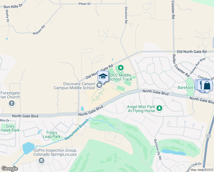 map of restaurants, bars, coffee shops, grocery stores, and more near 1810 North Gate Boulevard in Colorado Springs