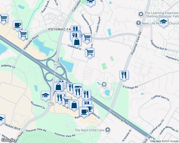 map of restaurants, bars, coffee shops, grocery stores, and more near 46364 Hobbs Square in Sterling
