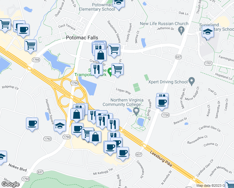 map of restaurants, bars, coffee shops, grocery stores, and more near 46360 Hobbs Square in Sterling