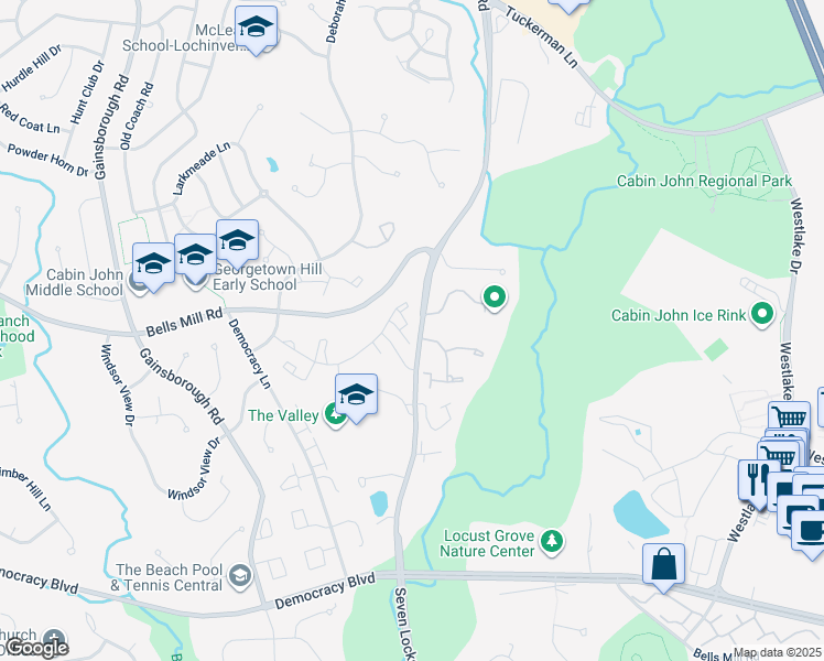 map of restaurants, bars, coffee shops, grocery stores, and more near 7938 Inverness Ridge Road in Potomac