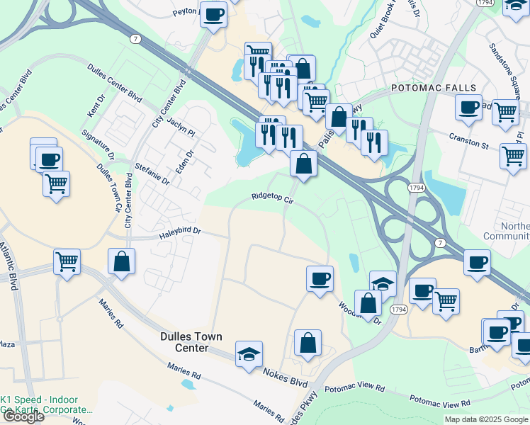 map of restaurants, bars, coffee shops, grocery stores, and more near 21400 Ridgetop Circle in Sterling