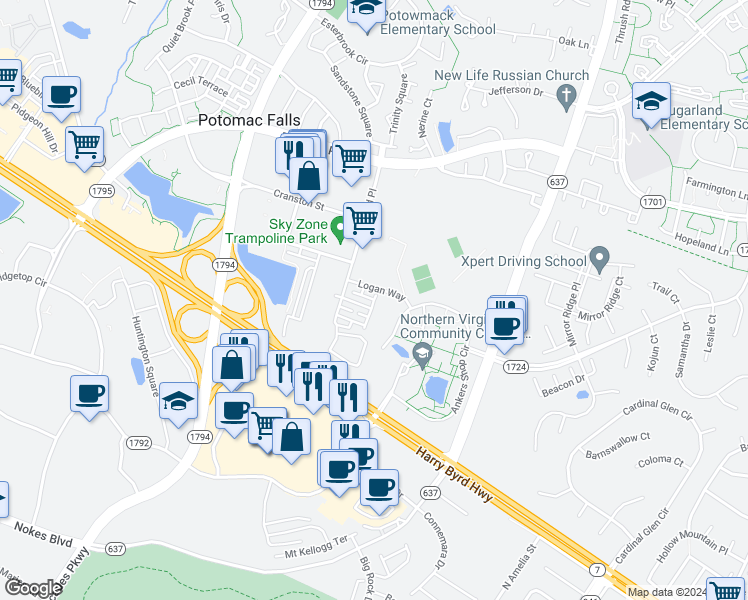 map of restaurants, bars, coffee shops, grocery stores, and more near 21170 Domain Terrace in Potomac Falls