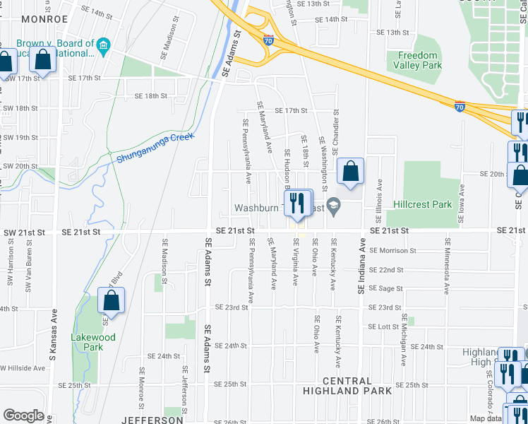 map of restaurants, bars, coffee shops, grocery stores, and more near 2001 Southeast Maryland Avenue in Topeka