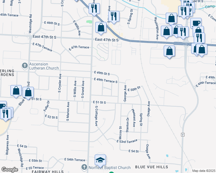 map of restaurants, bars, coffee shops, grocery stores, and more near 5007 South Union Street in Independence