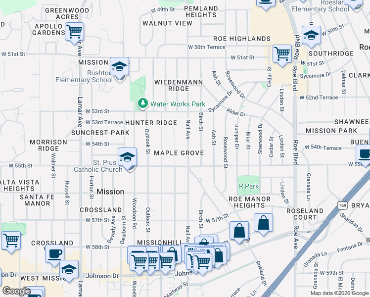 map of restaurants, bars, coffee shops, grocery stores, and more near 5433 Maple Street in Mission