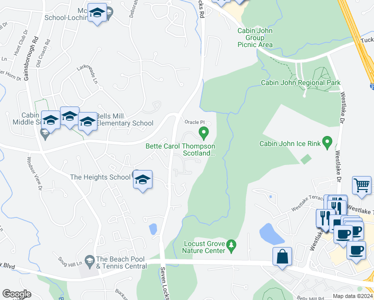 map of restaurants, bars, coffee shops, grocery stores, and more near 7849 Muirfield Court in Potomac