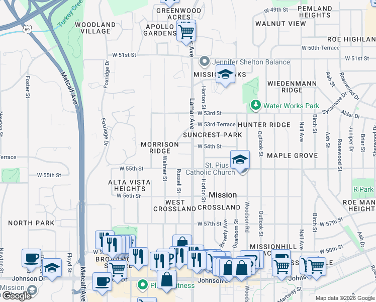 map of restaurants, bars, coffee shops, grocery stores, and more near 5430 Lamar Avenue in Mission