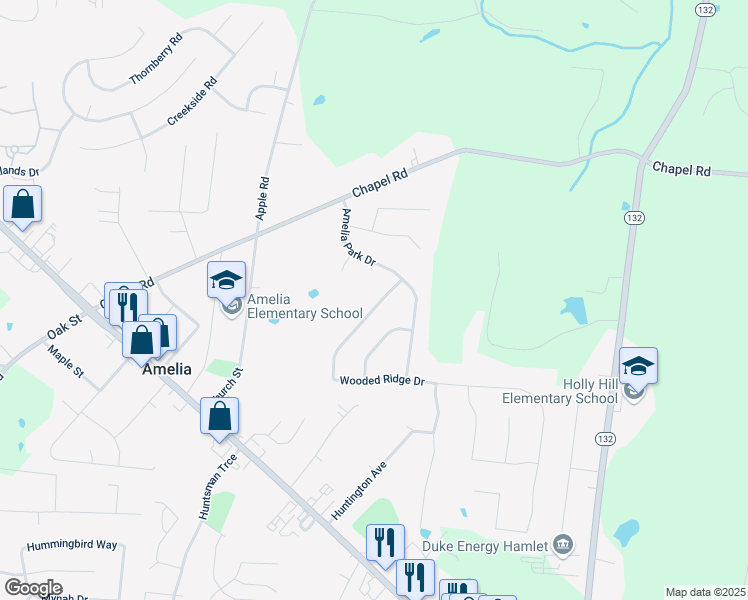 map of restaurants, bars, coffee shops, grocery stores, and more near 9 Wooded Ridge Drive in Amelia