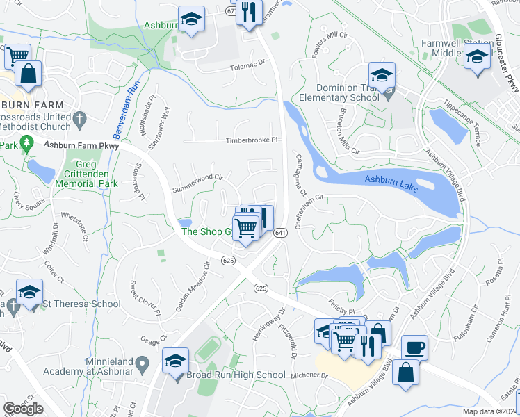 map of restaurants, bars, coffee shops, grocery stores, and more near 21168 Wildflower Square in Ashburn