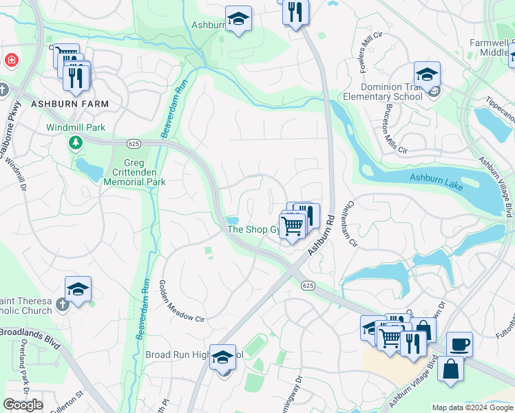map of restaurants, bars, coffee shops, grocery stores, and more near 21162 Hedgerow Terrace in Ashburn