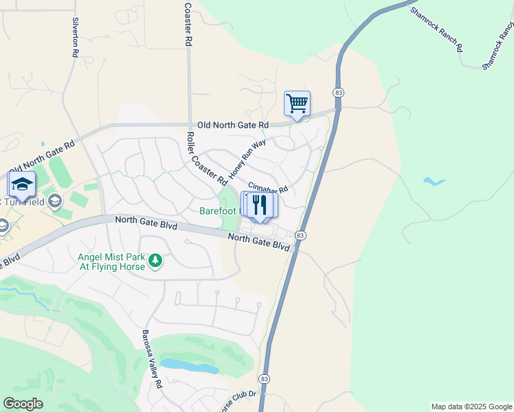 map of restaurants, bars, coffee shops, grocery stores, and more near 13671 Roller Coaster Road in Colorado Springs