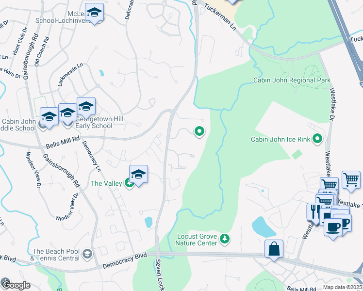 map of restaurants, bars, coffee shops, grocery stores, and more near 7849 Muirfield Court in Potomac
