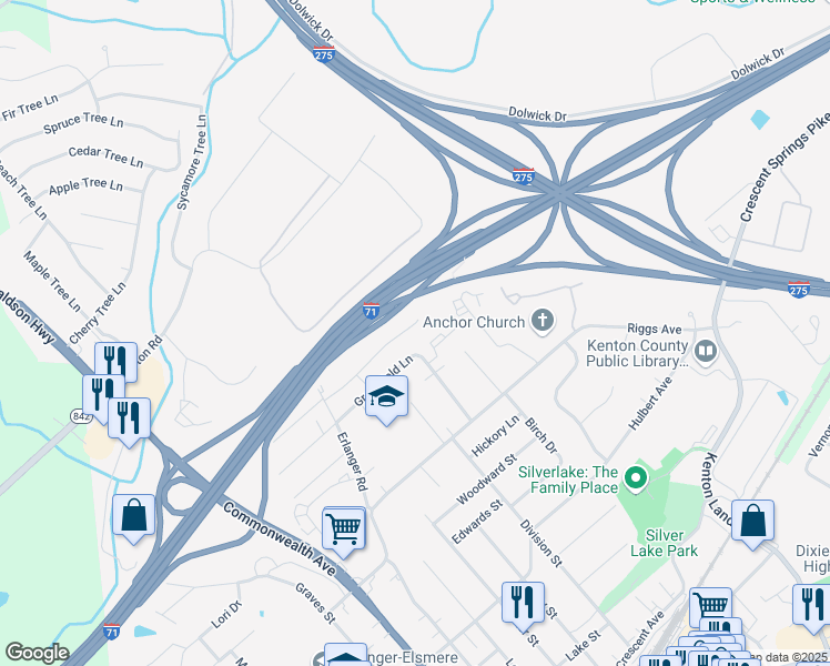 map of restaurants, bars, coffee shops, grocery stores, and more near 528 Greenfield Lane in Erlanger