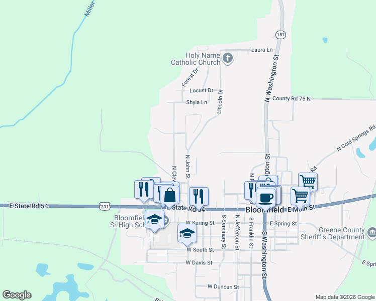 map of restaurants, bars, coffee shops, grocery stores, and more near 201 Lincoln Drive in Bloomfield
