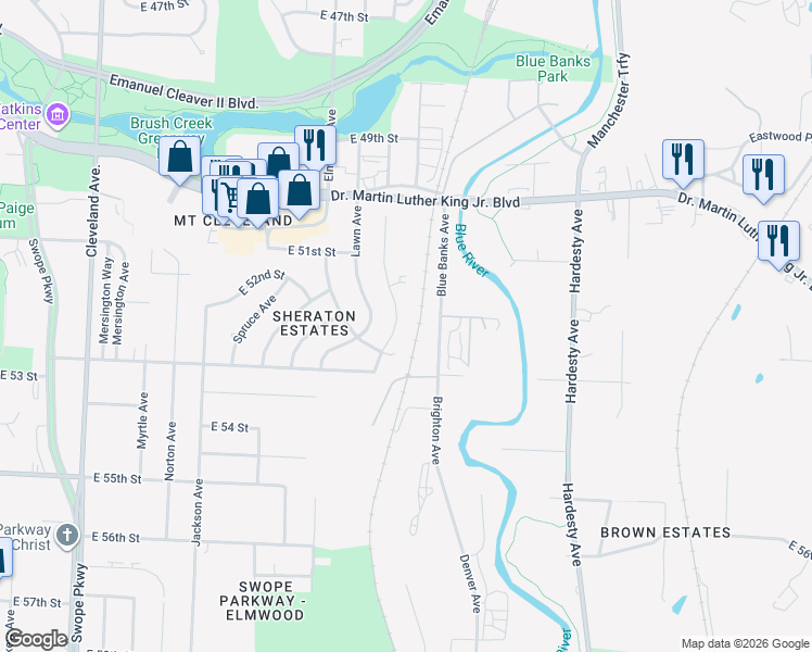 map of restaurants, bars, coffee shops, grocery stores, and more near 5262 Elmwood Avenue in Kansas City