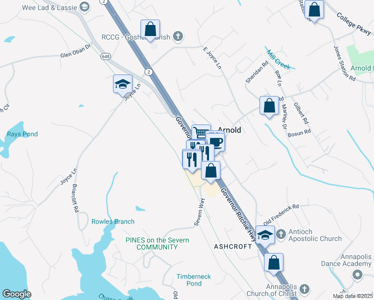 map of restaurants, bars, coffee shops, grocery stores, and more near 1434 Ritchie Highway in Arnold