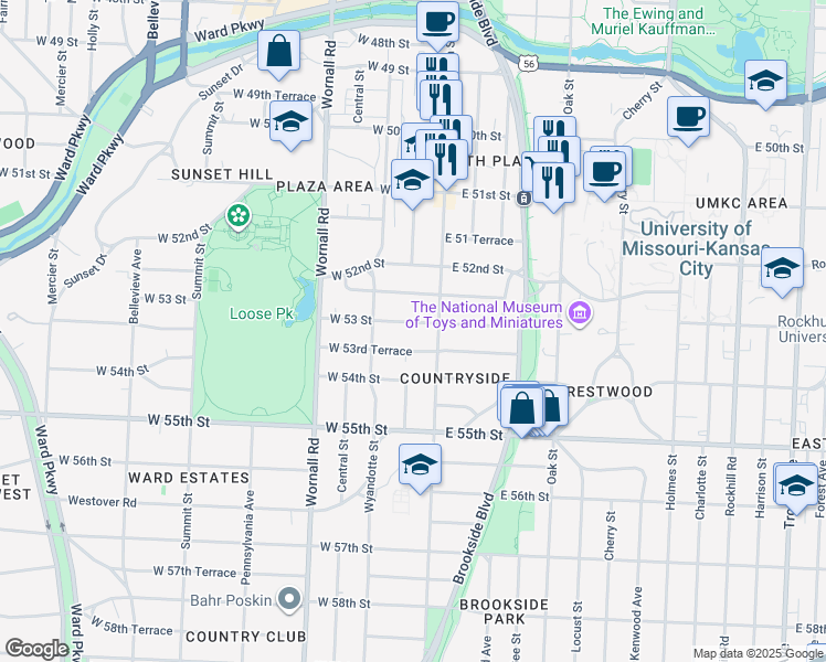 map of restaurants, bars, coffee shops, grocery stores, and more near 17 West 53rd Terrace in Kansas City