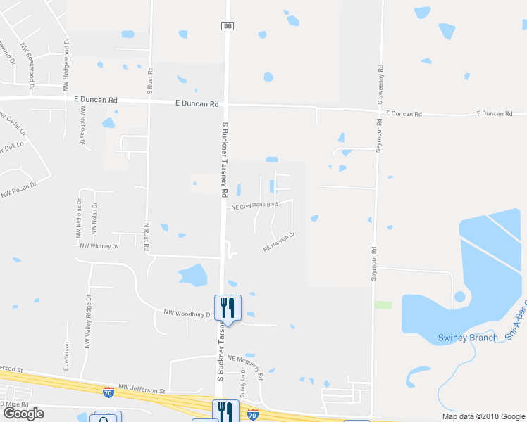 map of restaurants, bars, coffee shops, grocery stores, and more near 1433 Northeast Mary Court in Grain Valley