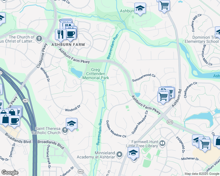 map of restaurants, bars, coffee shops, grocery stores, and more near 43549 Coal Bed Court in Ashburn
