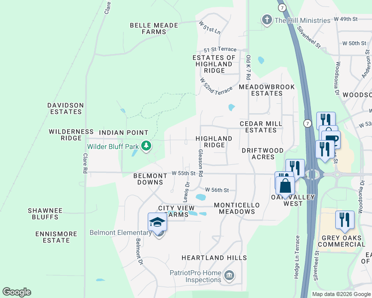 map of restaurants, bars, coffee shops, grocery stores, and more near 5414 Gleason Road in Shawnee