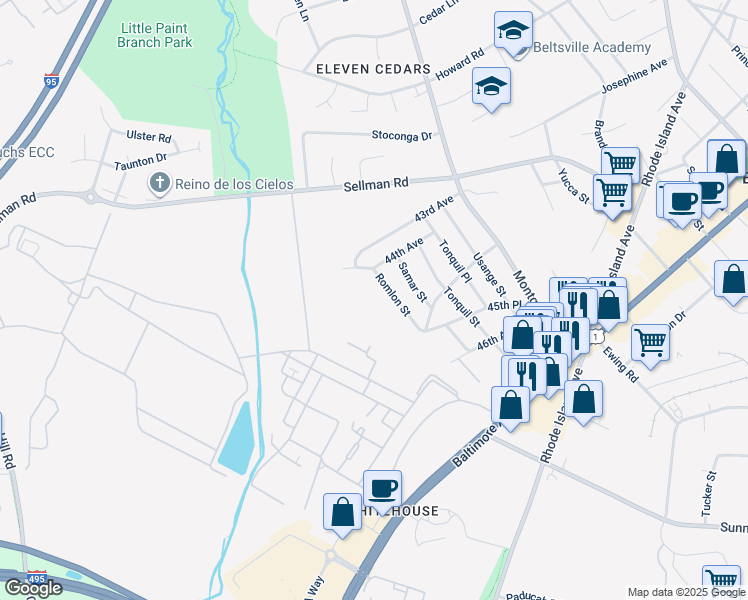 map of restaurants, bars, coffee shops, grocery stores, and more near 4411 Romlon Street in Beltsville