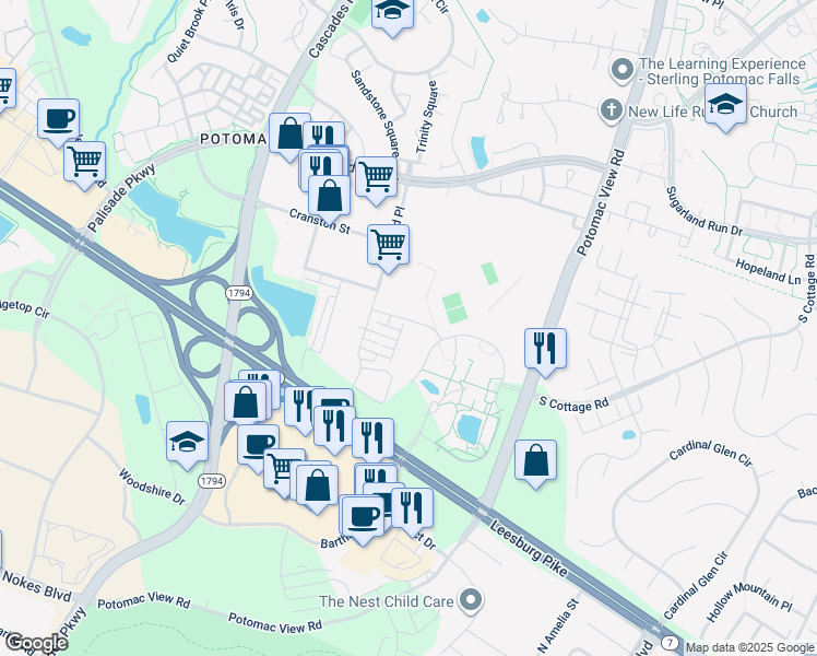 map of restaurants, bars, coffee shops, grocery stores, and more near 21136 Domain Terrace in Sterling