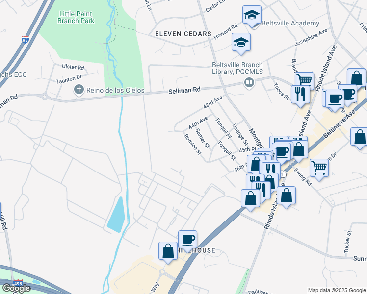 map of restaurants, bars, coffee shops, grocery stores, and more near 4411 Romlon Street in Beltsville
