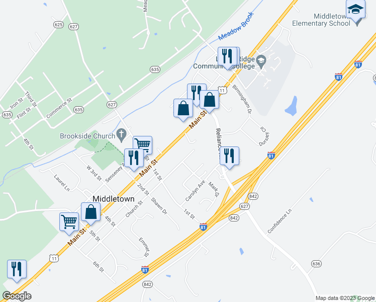 map of restaurants, bars, coffee shops, grocery stores, and more near 7711 Church Street in Middletown