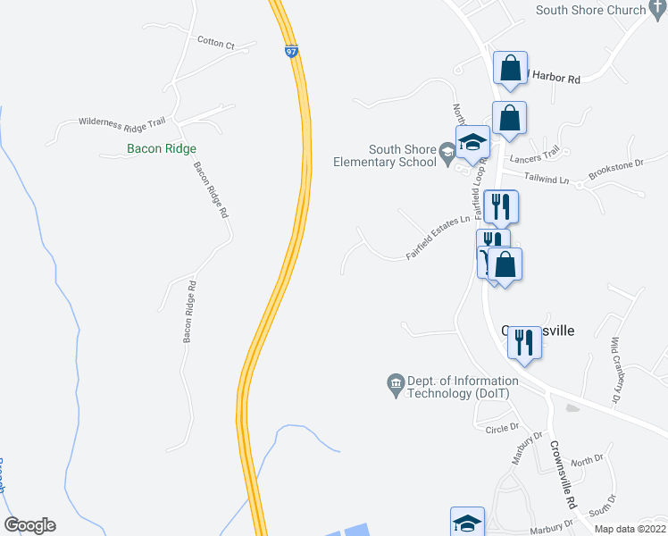 map of restaurants, bars, coffee shops, grocery stores, and more near 804 Fairfield Estates Court in Crownsville