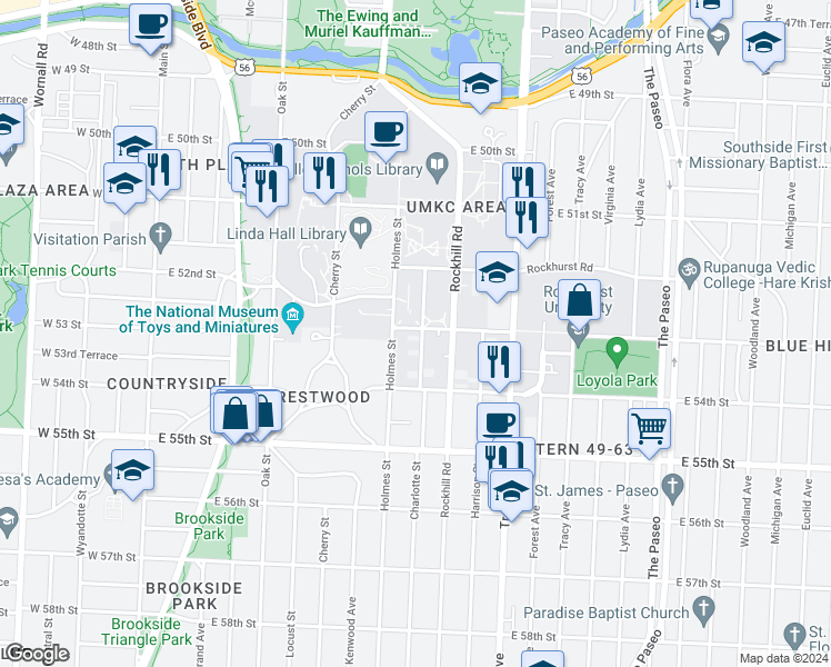 map of restaurants, bars, coffee shops, grocery stores, and more near 5302 Charlotte Street in Kansas City