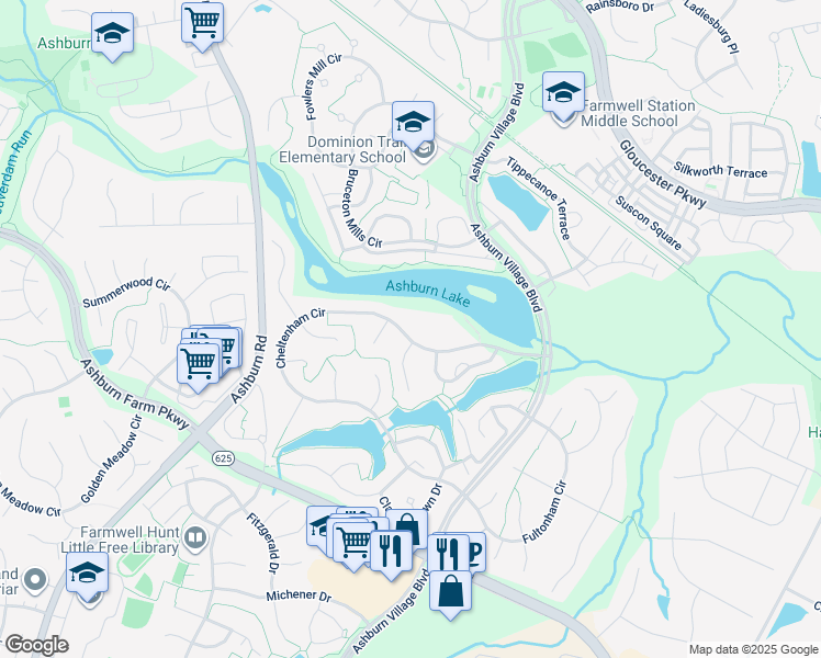 map of restaurants, bars, coffee shops, grocery stores, and more near 44042 Cheltenham Circle in Ashburn