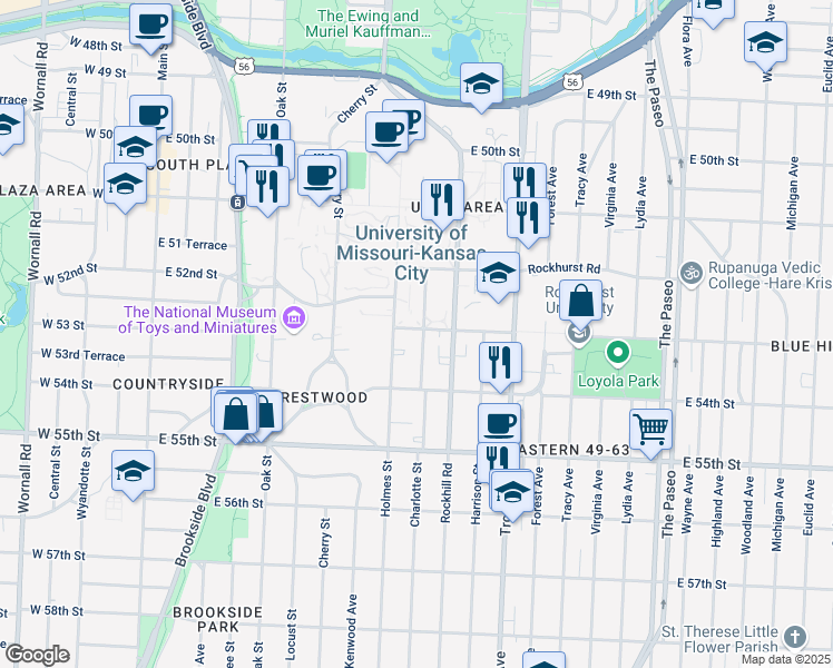 map of restaurants, bars, coffee shops, grocery stores, and more near 5300 Charlotte Street in Kansas City