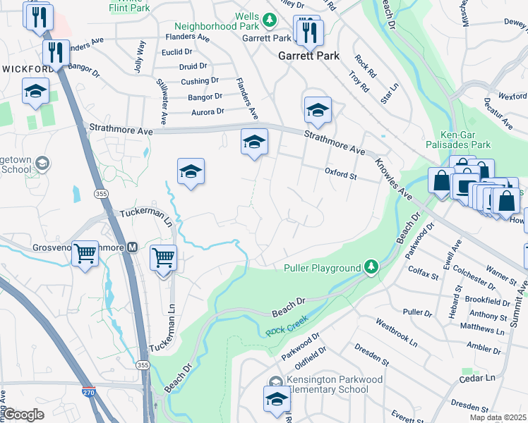 map of restaurants, bars, coffee shops, grocery stores, and more near 10506 Weymouth Street in Bethesda