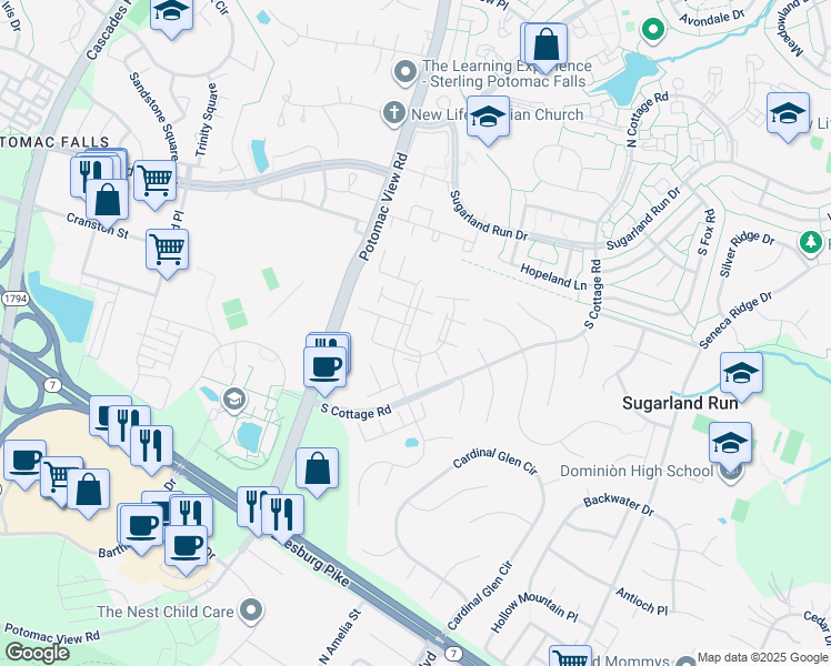 map of restaurants, bars, coffee shops, grocery stores, and more near 21064 Gladstone Drive in Sterling