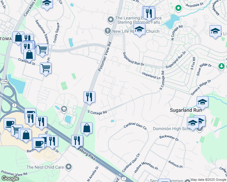 map of restaurants, bars, coffee shops, grocery stores, and more near 21064 Gladstone Drive in Sterling
