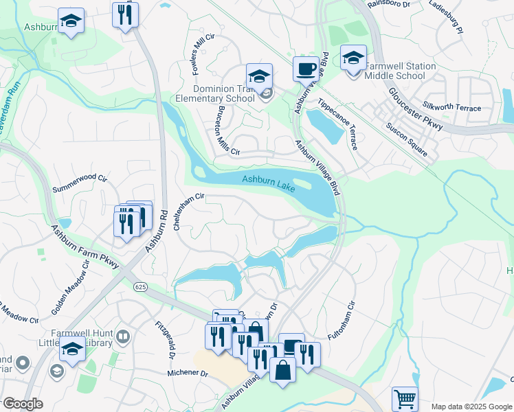 map of restaurants, bars, coffee shops, grocery stores, and more near 44042 Cheltenham Circle in Ashburn