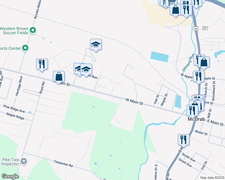 map of restaurants, bars, coffee shops, grocery stores, and more near 1036 Western Avenue in Mount Orab