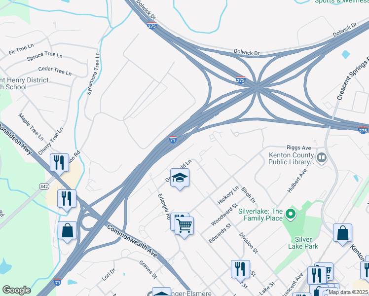 map of restaurants, bars, coffee shops, grocery stores, and more near Interstate 275 in Erlanger