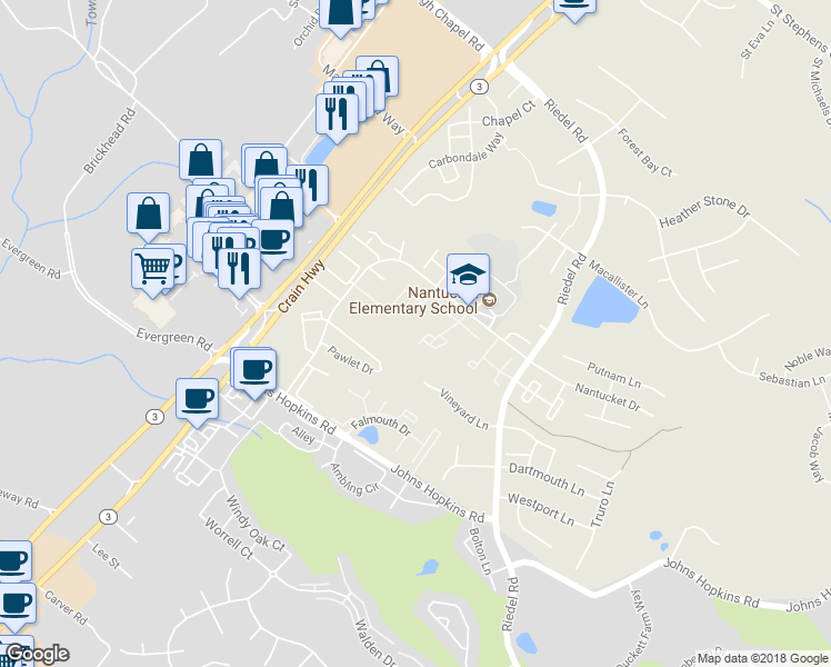 map of restaurants, bars, coffee shops, grocery stores, and more near 1140 Cranston Court in Crofton