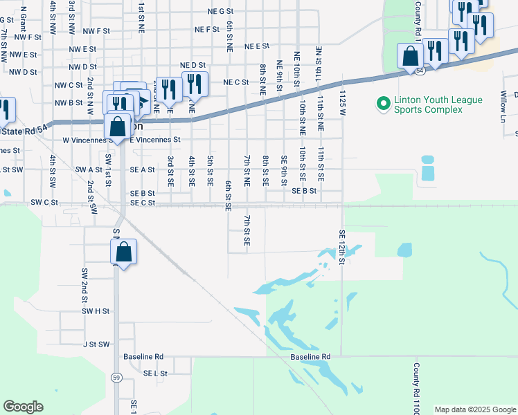 map of restaurants, bars, coffee shops, grocery stores, and more near 8th Street Southeast in Linton