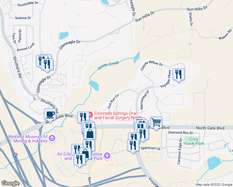 map of restaurants, bars, coffee shops, grocery stores, and more near 395 Fox Run Circle in Colorado Springs