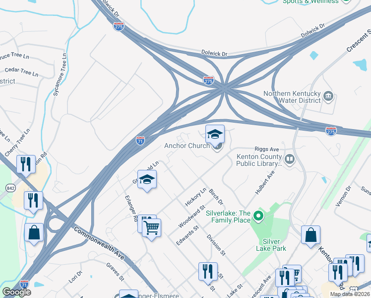 map of restaurants, bars, coffee shops, grocery stores, and more near 527 Rosary Drive in Erlanger