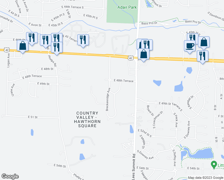 map of restaurants, bars, coffee shops, grocery stores, and more near 16102 East 49th Street in Kansas City