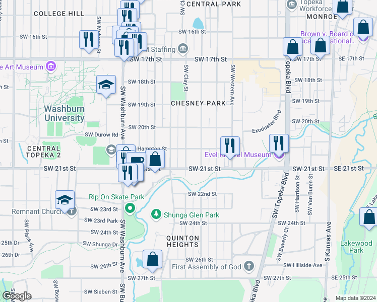 map of restaurants, bars, coffee shops, grocery stores, and more near 2032 Southwest Clay Street in Topeka