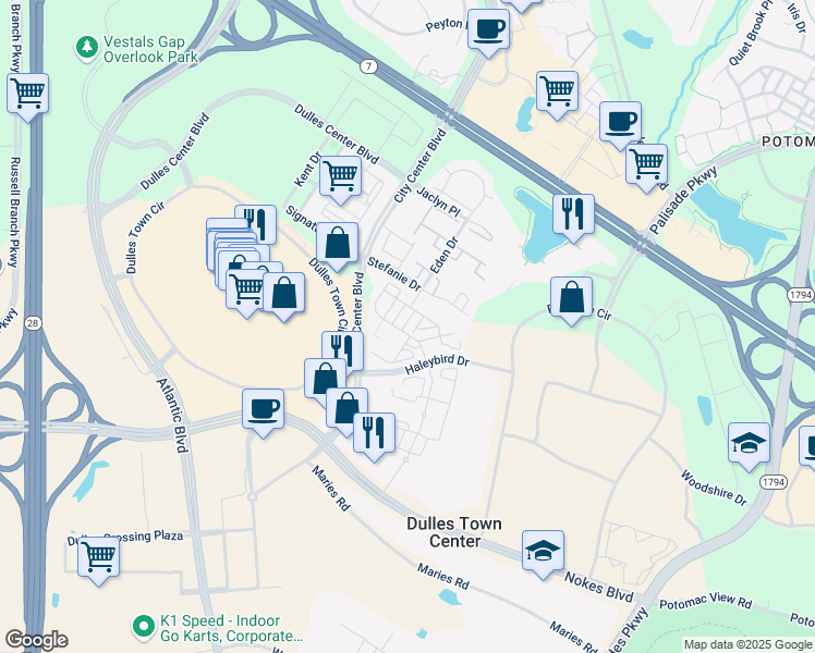 map of restaurants, bars, coffee shops, grocery stores, and more near 21069 Parc Dulles Square in Sterling