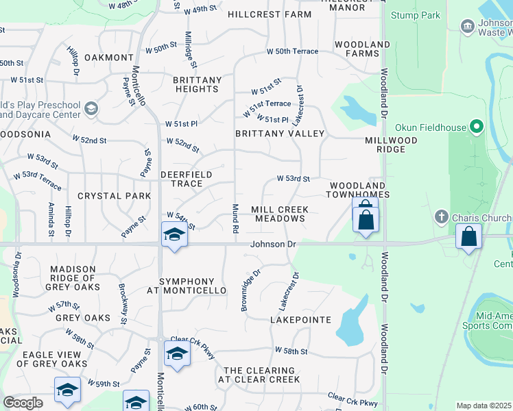 map of restaurants, bars, coffee shops, grocery stores, and more near 5312 Brownridge Drive in Shawnee