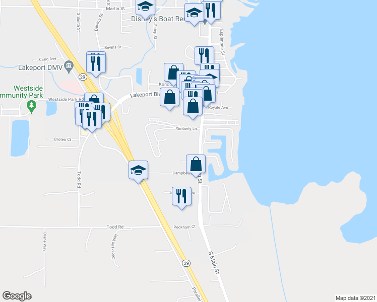 map of restaurants, bars, coffee shops, grocery stores, and more near 1685 South Main Street in Lakeport