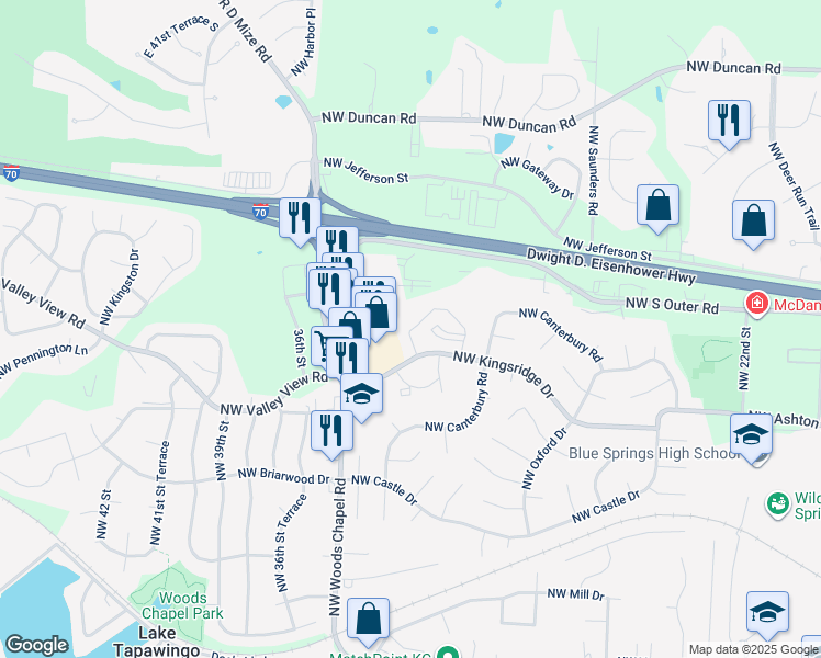 map of restaurants, bars, coffee shops, grocery stores, and more near 1300 Candletree Drive in Blue Springs