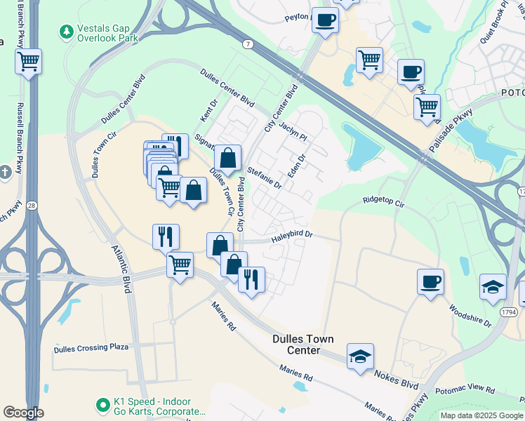 map of restaurants, bars, coffee shops, grocery stores, and more near 21150 Parc Dulles Square in Sterling