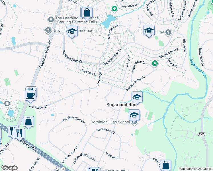 map of restaurants, bars, coffee shops, grocery stores, and more near 46905 Seneca Ridge Drive in Sterling